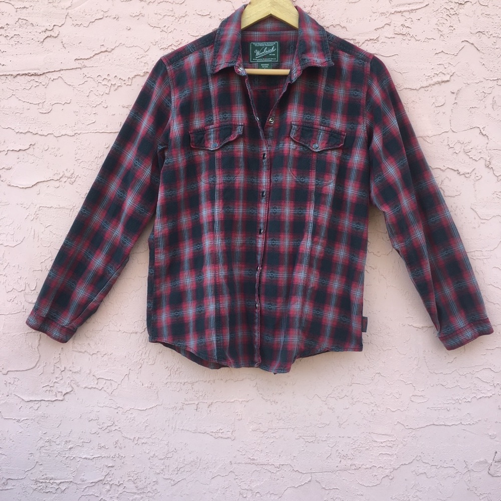 Woolrich Plaid Button Down Shirt Red Gray Pearl Snap